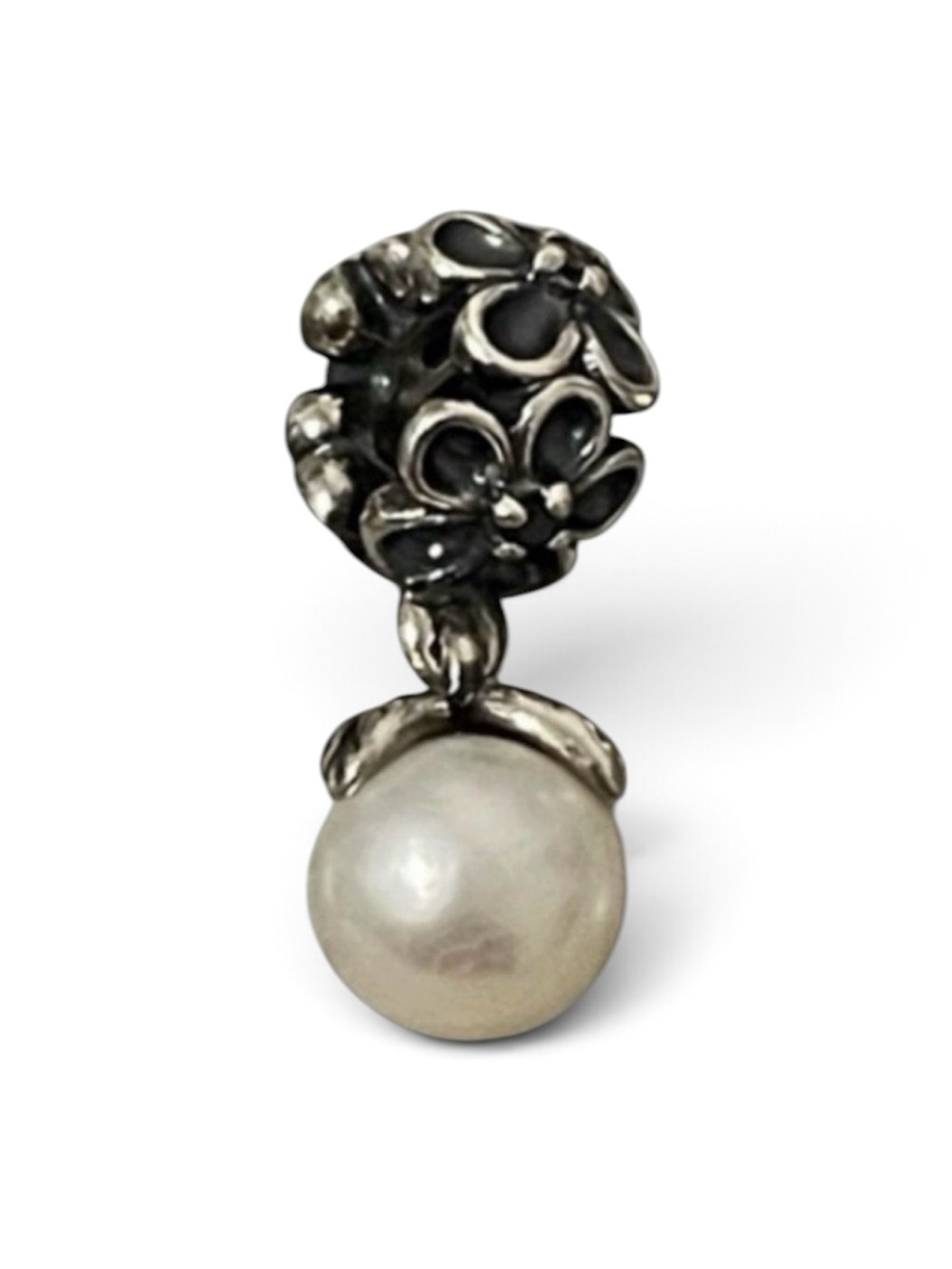 Pandora Silver Floral Pearl Drop charm with black cz